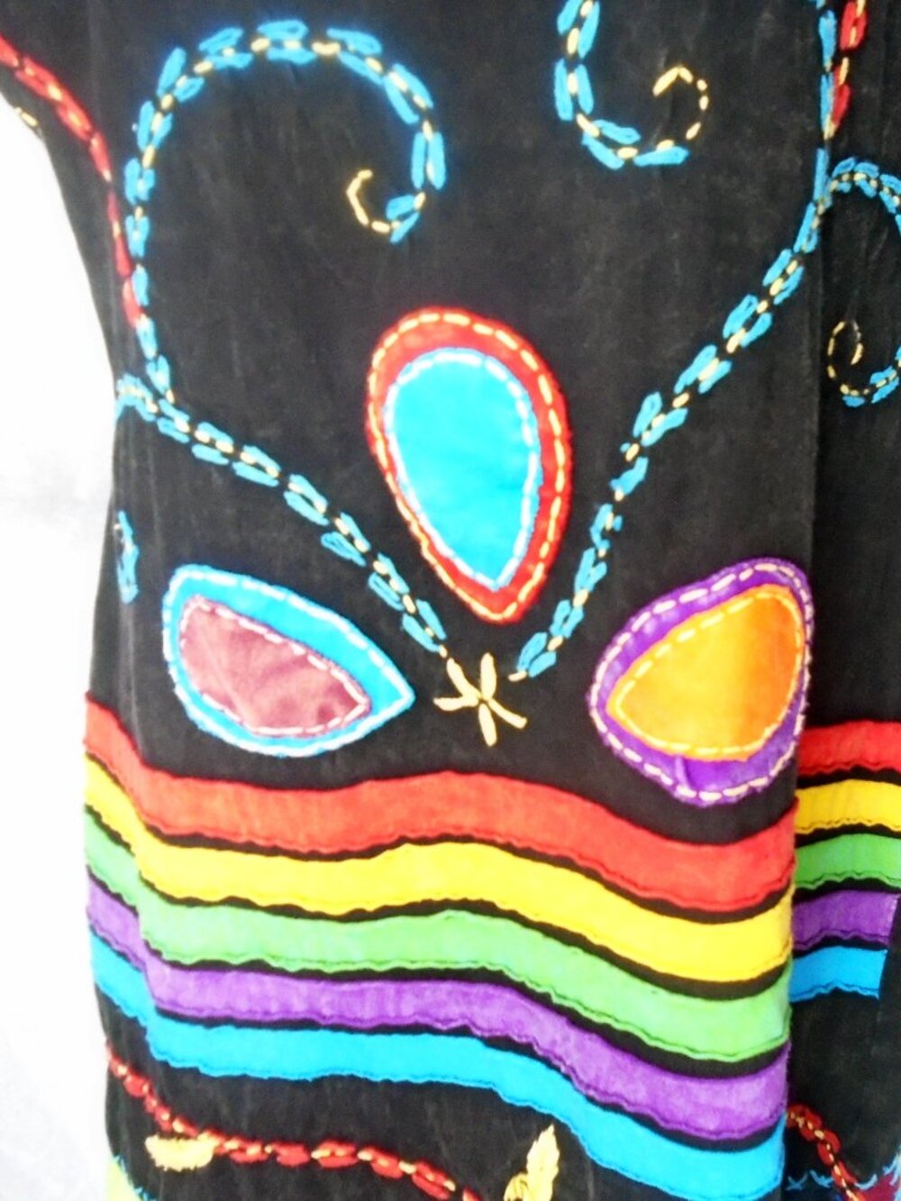 Rising International Dress Black Knit Colorful Hippie Applique Work - Picture 6 of 10